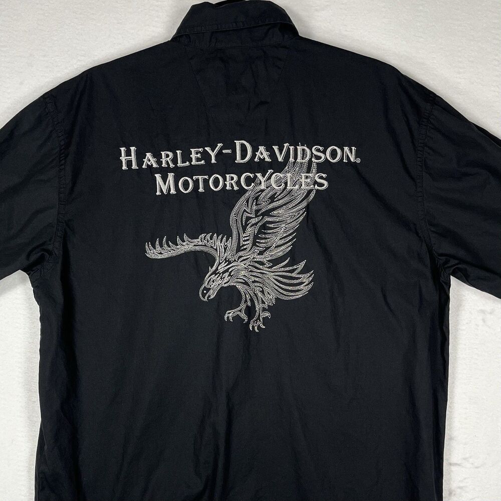 Harley Davidson Mens M Short Sleeve Embroidered Eagle Button Down Shirt Black